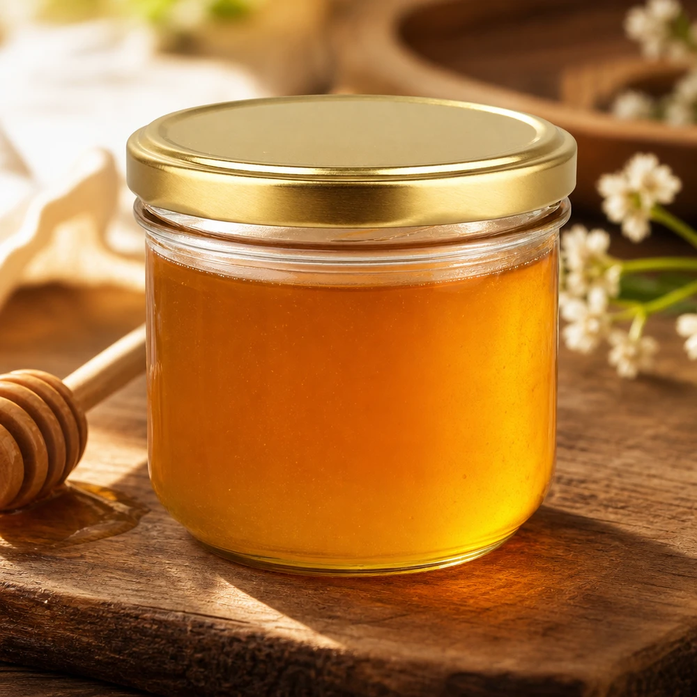260 ml kubki z pokrywką BasicSeal wypełnione miodem obok łyżki miodu na rustykalnym drewnianym stole