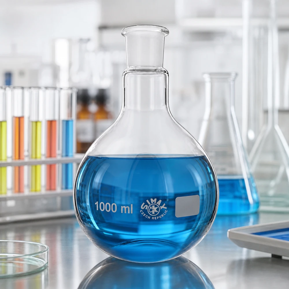 Kolba 1000 ml ze standardowym szlifowanym złączem (29/32) Kolba dzwonowa 1000 ml z niebieskim płynem i precyzyjnym standardowym szlifowanym złączem 29/32 do laboratorium chemicznego