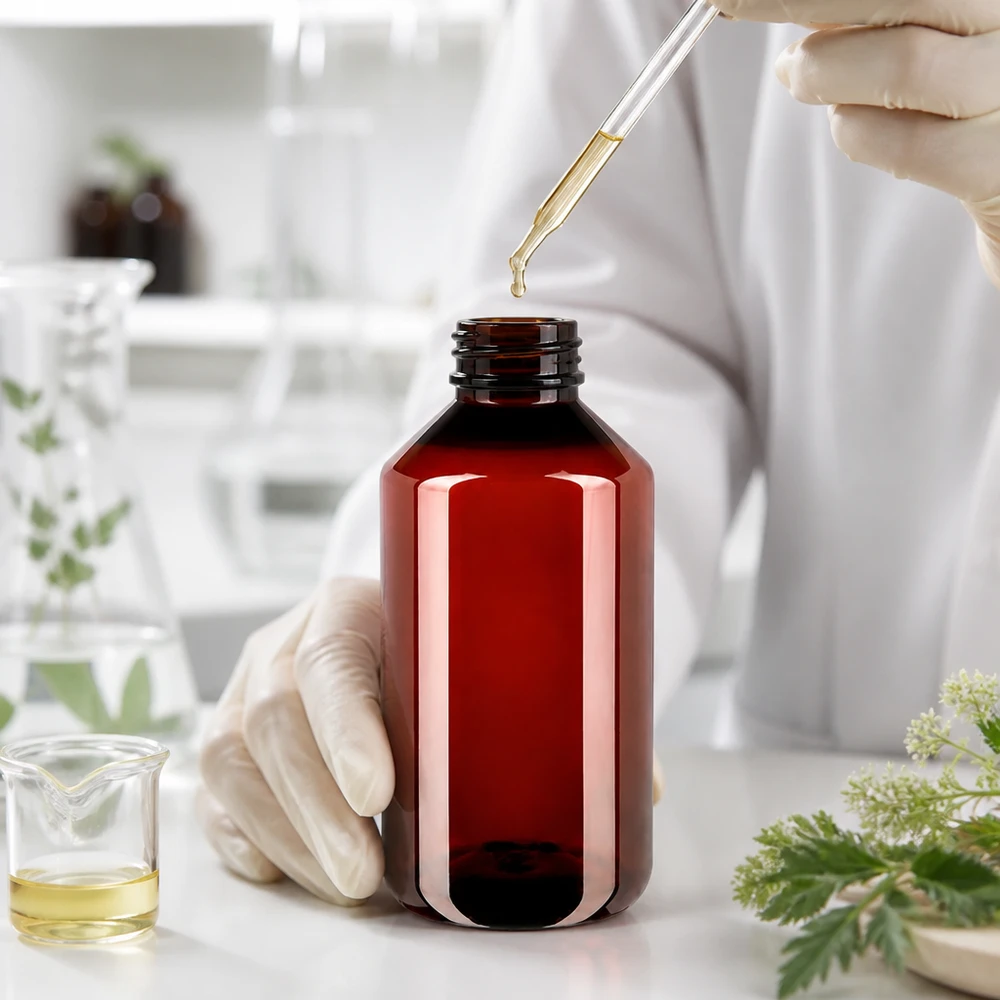 Brązowa butelka PET o pojemności 750 ml z oryginalnym zamknięciem w środowisku laboratoryjnym