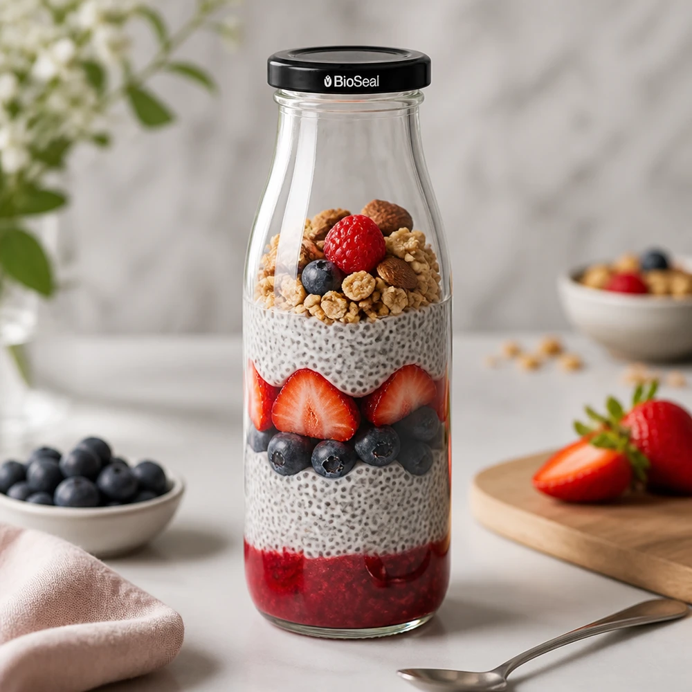 Szklana butelka 500 ml + pokrywka BioSeal czarna UNiTWIST. Całkowicie szczelna z dużą pokrywką TO48. Do mleka, soków i lemoniady. 500 ml szklana butelka wypełniona warstwowym deserem chia pudding - jagody, orzechy i pokrywka BioSeal do zdrowych posiłków