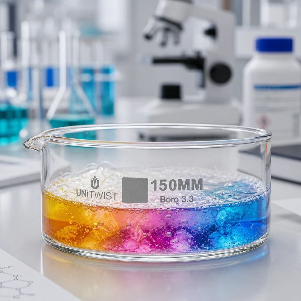 Miska do krystalizacji 150 mm UNiTWIST Boro 3.3 z kolorową reakcją: żółtą, różową i niebieską w laboratorium