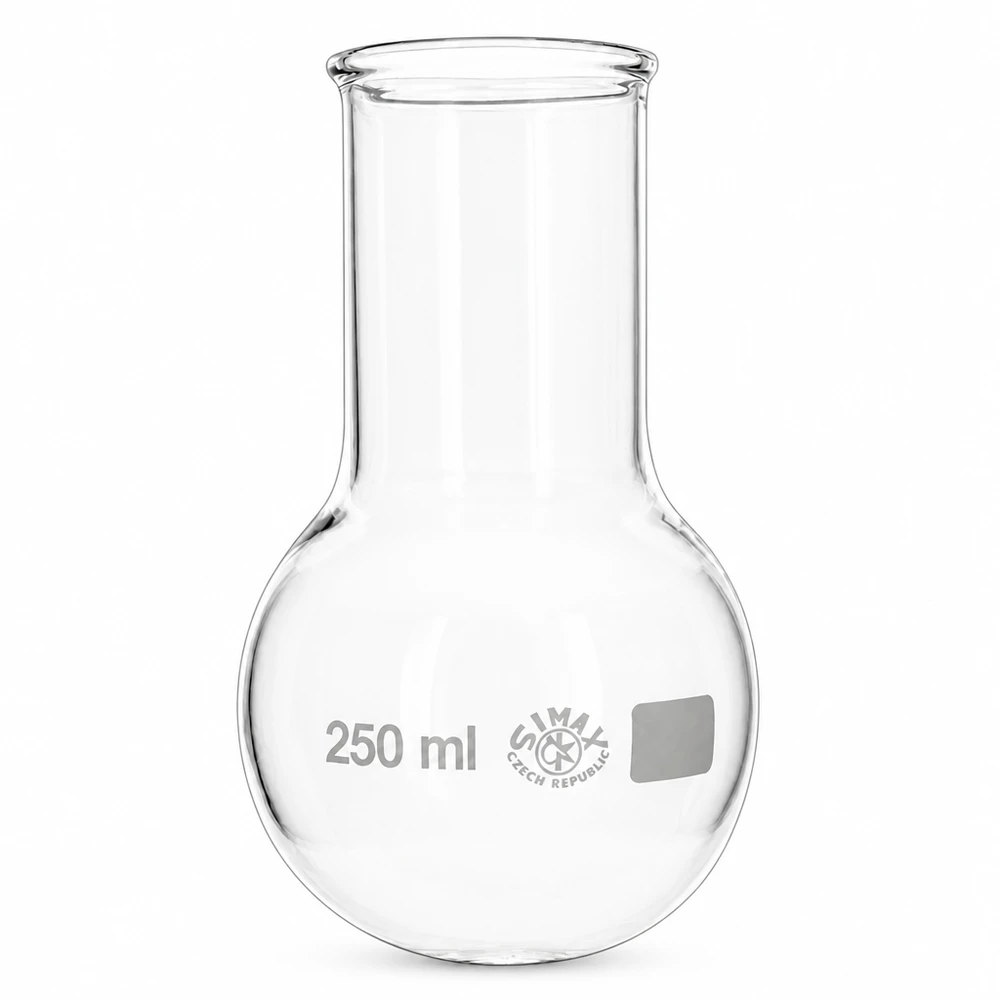 Kolba okrągłodenna z szeroką szyjką o pojemności 250 ml i szerokim otworem ułatwiającym napełnianie i czyszczenie.