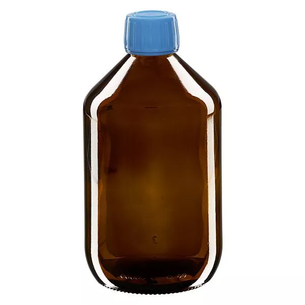 Butelka na lek 500 ml brązowa, niebieska zakrętka z pierścieniem zabezpieczającym ApoGlas. Farmaceutyczna jakość produkcji UE. Gwint 28 mm (PP28). (syrop, butelka z lekkiego szkła)