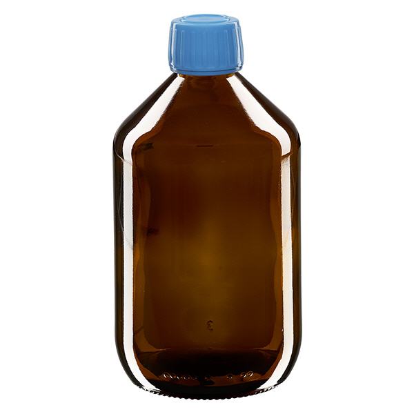 Butelka na lek 500 ml brązowa, niebieska zakrętka z pierścieniem zabezpieczającym ApoGlas. Farmaceutyczna jakość produkcji UE. Gwint 28 mm (PP28). (syrop, butelka z lekkiego szkła) Butelka na lek 500 ml brązowa, niebieska zakrętka z pierścieniem zabezpieczającym ApoGlas. Farmaceutyczna jakość produkcji UE. Gwint 28 mm (PP28). (syrop, butelka z lekkiego szkła)