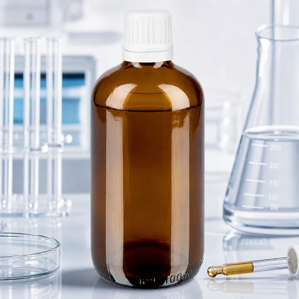 Butelka z brązowego szkła o pojemności 100 ml z białym zamknięciem OV 11 mm, stosowana w warunkach laboratoryjnych wraz z kolbą Erlenmeyera