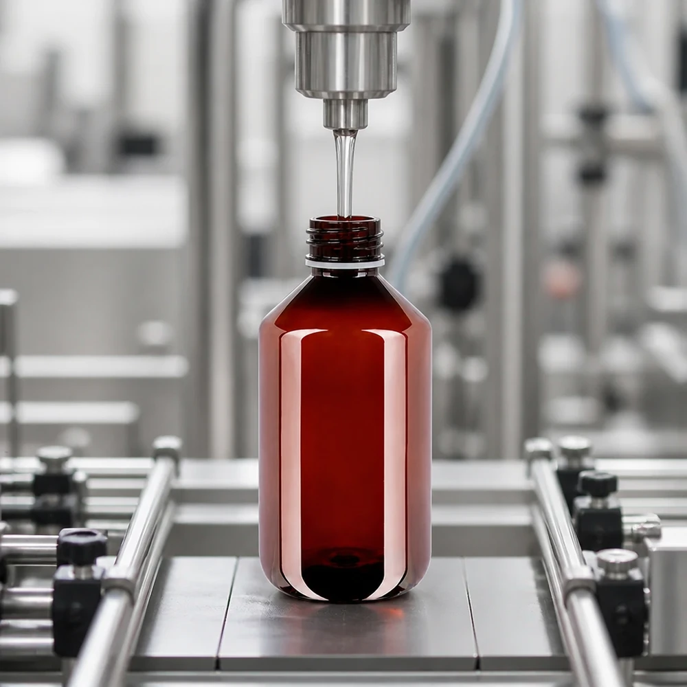 Automatyczne napełnianie brązowej butelki PET o pojemności 500 ml z klapkowym zamknięciem na przemysłowym przenośniku taśmowym