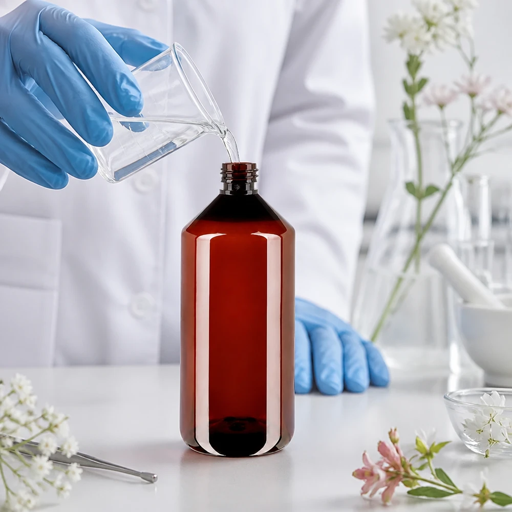 Befüllung einer bernsteinfarbenen 1L PET Flasche mit Schutzhandschuhen im Labor