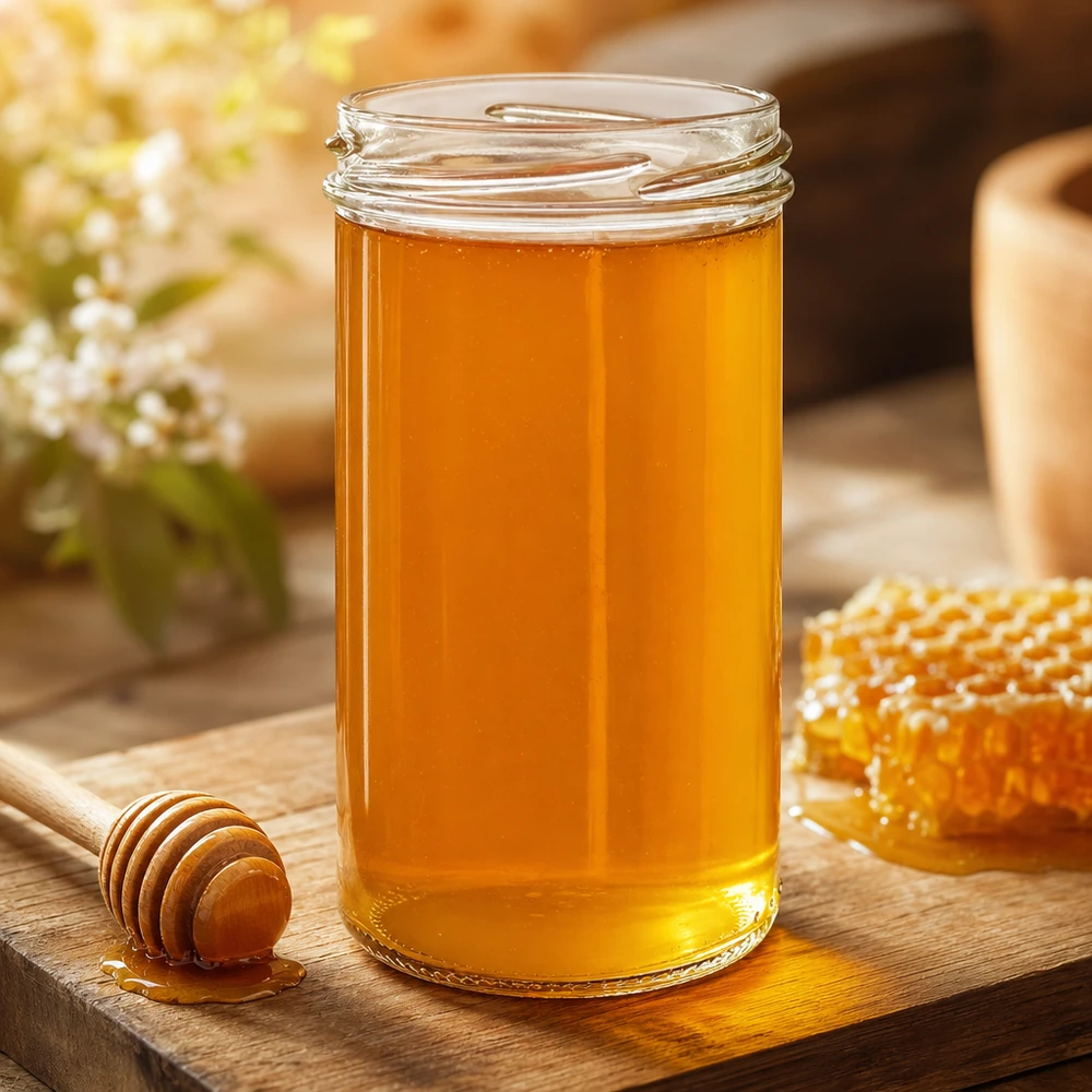 UNiTWIST Sturz277 - kubki o pojemności 277ml TO66 UNiTWIST Sturzglas 277ml mit goldenem Honig gefüllt auf Holzbrett mit Honiglöffel und Waben - perfekt für Marmelade und