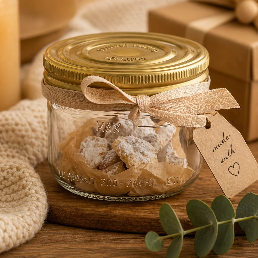 Kubki Familia Wiss o pojemności 245 ml ze złotą pokrywką wypełnione białymi słodyczami i wstążką prezentową na drewnianym stole