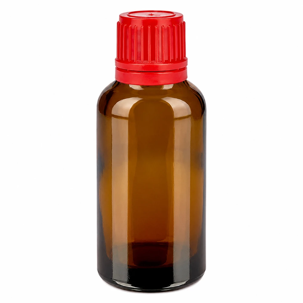 Butelka 30 ml 11 mm SV czerwona OV BrownLine UT18/30 Butelka z brązowego szkła o pojemności 30 ml z czerwoną zakrętką do olejków eterycznych i nalewek
