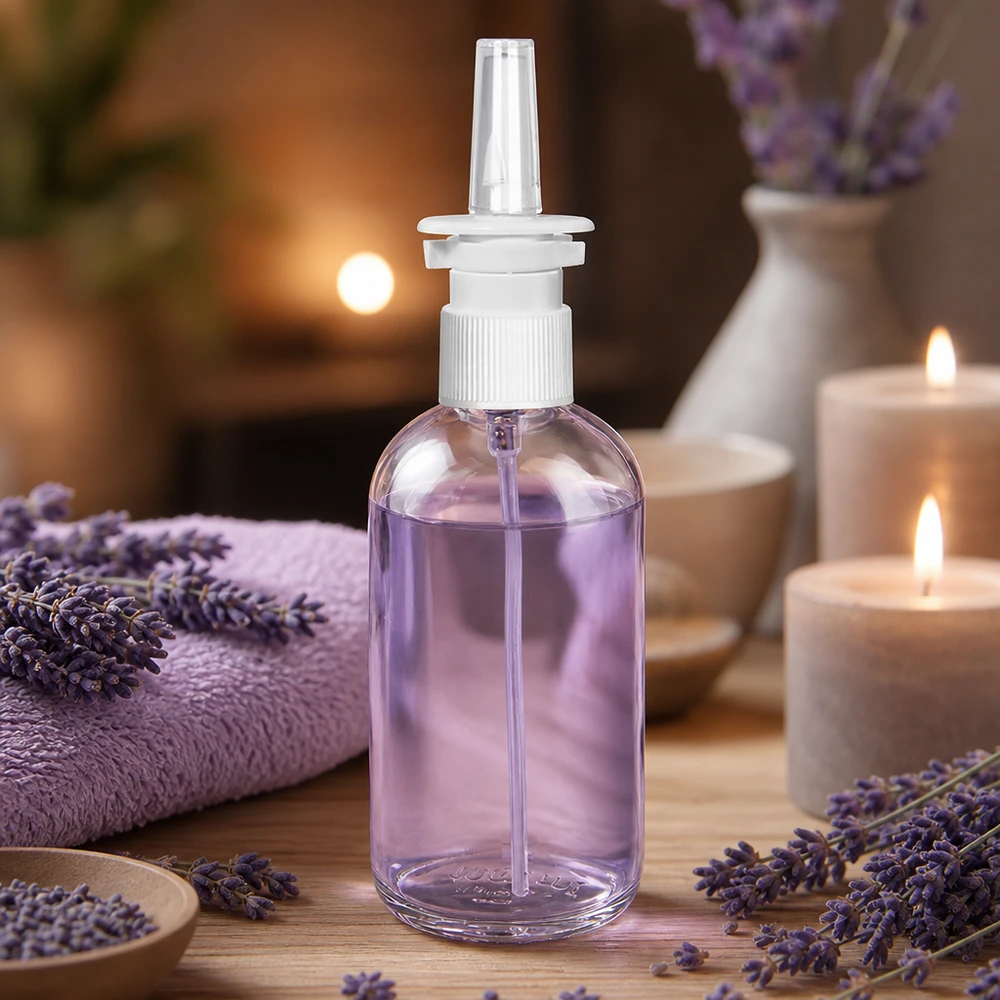 100 ml butelka z atomizerem do nosa z przezroczystym dozownikiem STD ClearLine UT18/100 Butelka z atomizerem ClearLine o pojemności 100 ml, wypełniona fioletowym płynem lawendowym, w atmosferze wellness