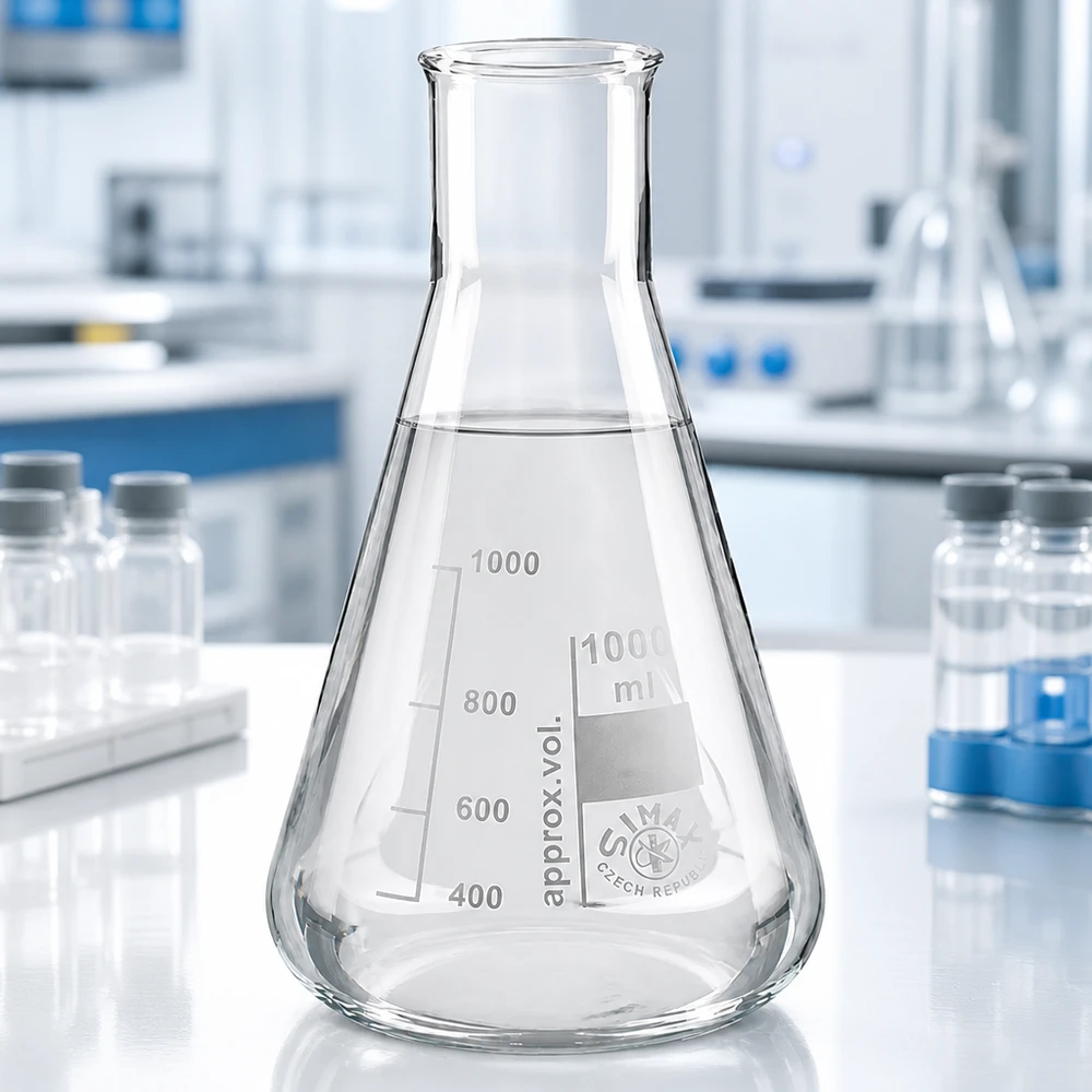 Kolba Erlenmeyera z szeroką szyjką 200 ml Kolba Erlenmeyera z szeroką szyjką o pojemności 200 ml wykonana z przezroczystego szkła do analiz chemicznych