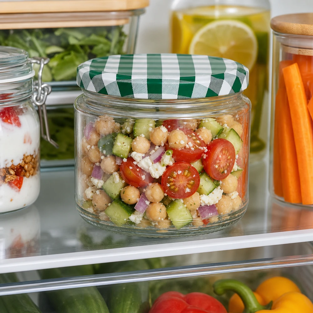 330 ml okrągłe szkło + pokrywka BasicSeal zielono-biała UN.. 330ml Rundglas mit Kichererbsen-Salat im Kühlschrank, grün-weißer BasicSeal Deckel, Meal Prep und Frischhaltung