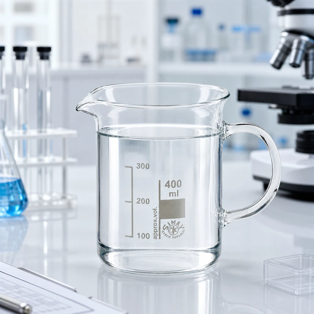 Przezroczysta szklanka laboratoryjna o pojemności 400 ml z uchwytem w profesjonalnym laboratorium na białym blacie roboczym