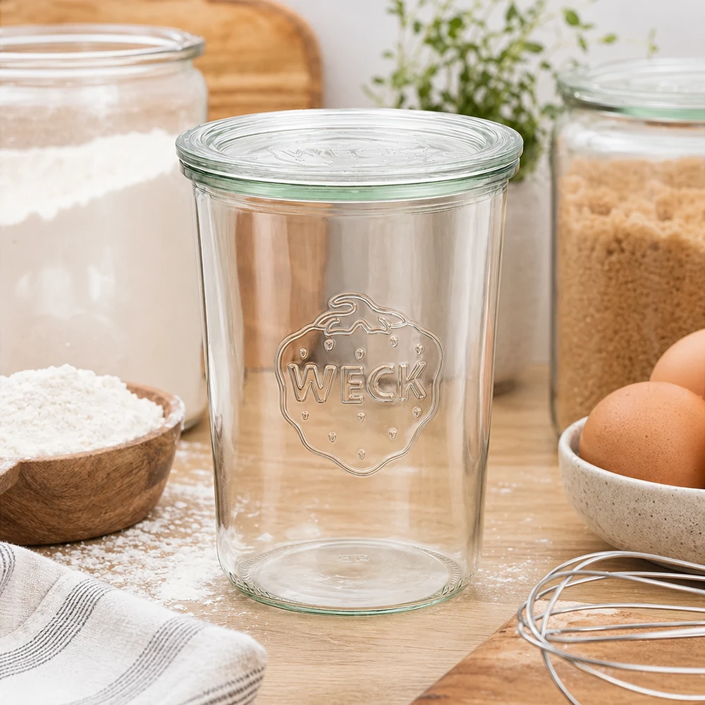 WECK słoik do przetworów 850ml RR100 w środowisku kuchennym z mąką, jajkami i przyborami kuchennymi słoik ze szklaną pokrywką