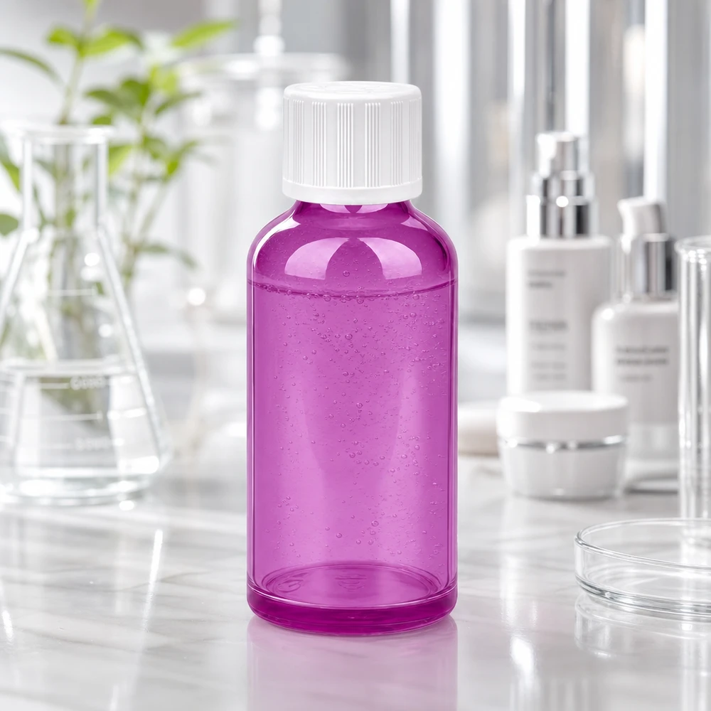 Butelka 50 ml z zakrętką 11 mm, biała, standardowa, zabezpieczona przed dziećmi PurpleLine UT18/50 Wysokiej jakości plastikowa butelka o pojemności 50 ml w kolorze przezroczystego fioletu z białą zakrętką z rowkami