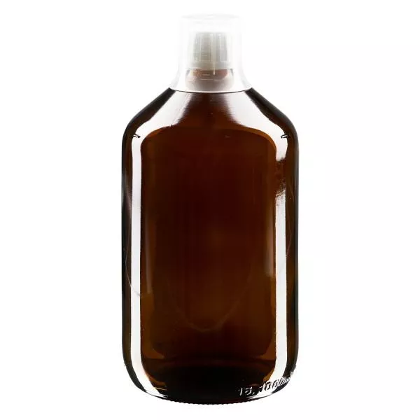 Butelka na lek 1000 ml brązowa, zakrętka OV z kubkiem dozującym 30 ml ApoGlas. Farmaceutyczna jakość produkcji UE. Gwint 28 mm (PP28). (syrop, butelka z lekkiego szkła) Butelka na lek 1000 ml brązowa, zakrętka OV z kubkiem dozującym 30 ml ApoGlas. Farmaceutyczna jakość produkcji UE. Gwint 28 mm (PP28). (syrop, butelka z lekkiego szkła)