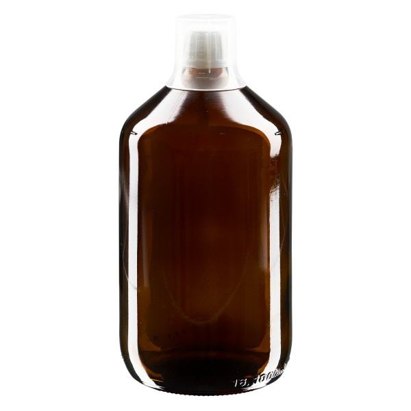 Butelka na lek 1000 ml br&#261;zowa, zakr&#281;tka OV z kubkiem dozuj&#261;cym 30 ml ApoGlas. Farmaceutyczna jako&#347;&#263; produkcji UE. Gwint 28 mm (PP28). (syrop, butelka z lekkiego szk&#322;a)