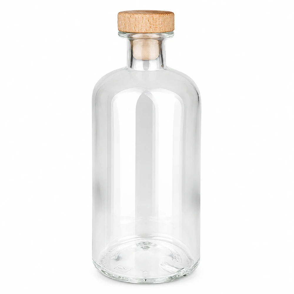500ml szklana butelka Flora z drewnianym uchwytem i korkiem UNiTWIST przezroczysta pusta na białym tle