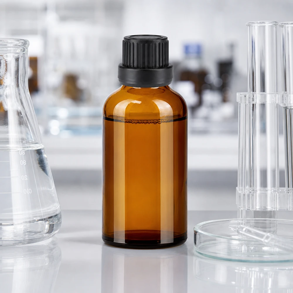 50 ml butelka z kroplomierzem 2 mm czarna OV BrownLine UT18/50 Profesjonalna butelka laboratoryjna o pojemności 50 ml wykonana z bursztynowego szkła chroniącego przed promieniowaniem UV z precyzyjnym systemem kroplowym