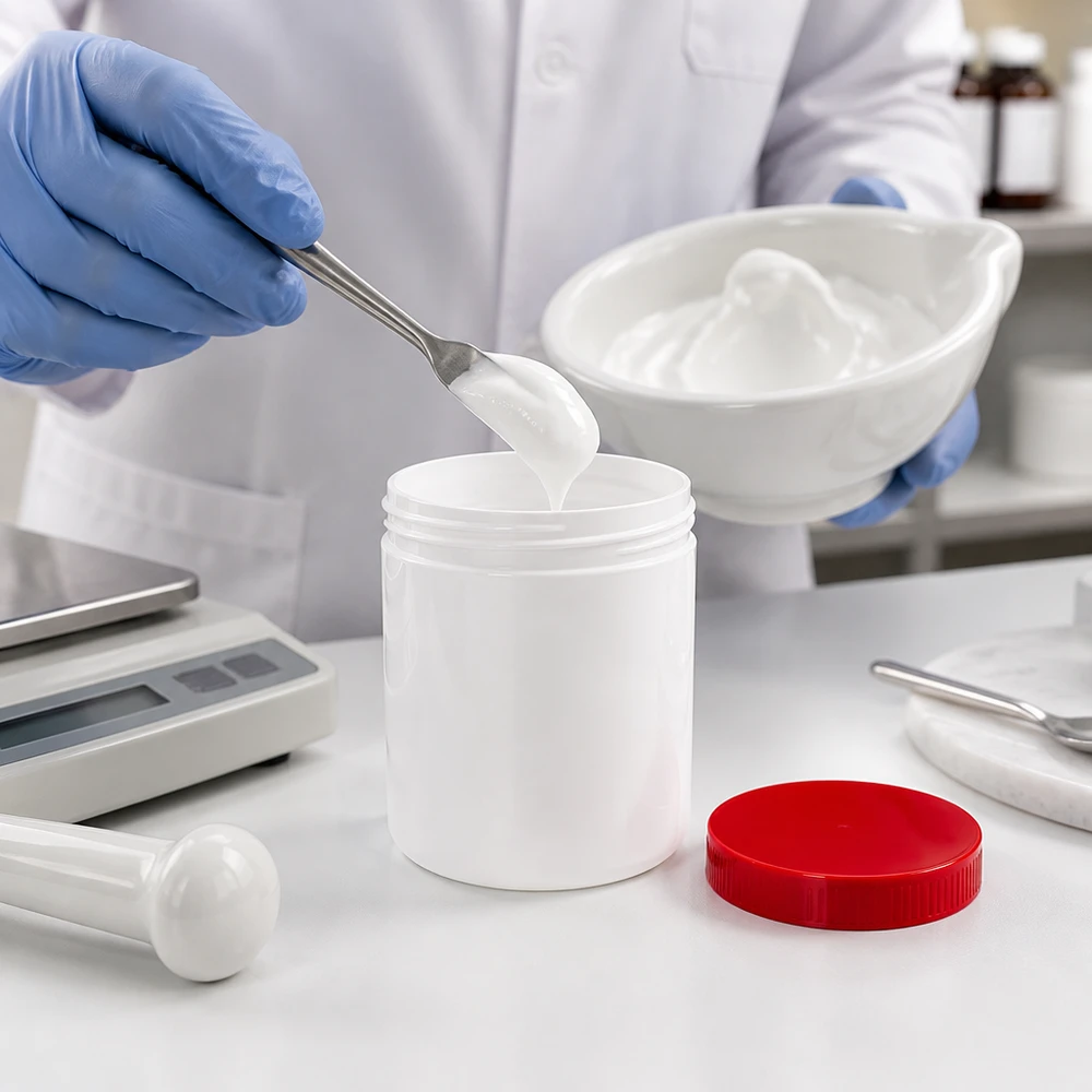 Słoiczek na maść 20g biały z czerwoną zakrętką (PP) Farmaceuta przenosi białą maść za pomocą szpatułki do słoika na maść o pojemności 20 g, wykonanego z PP, z czerwoną pokrywką
