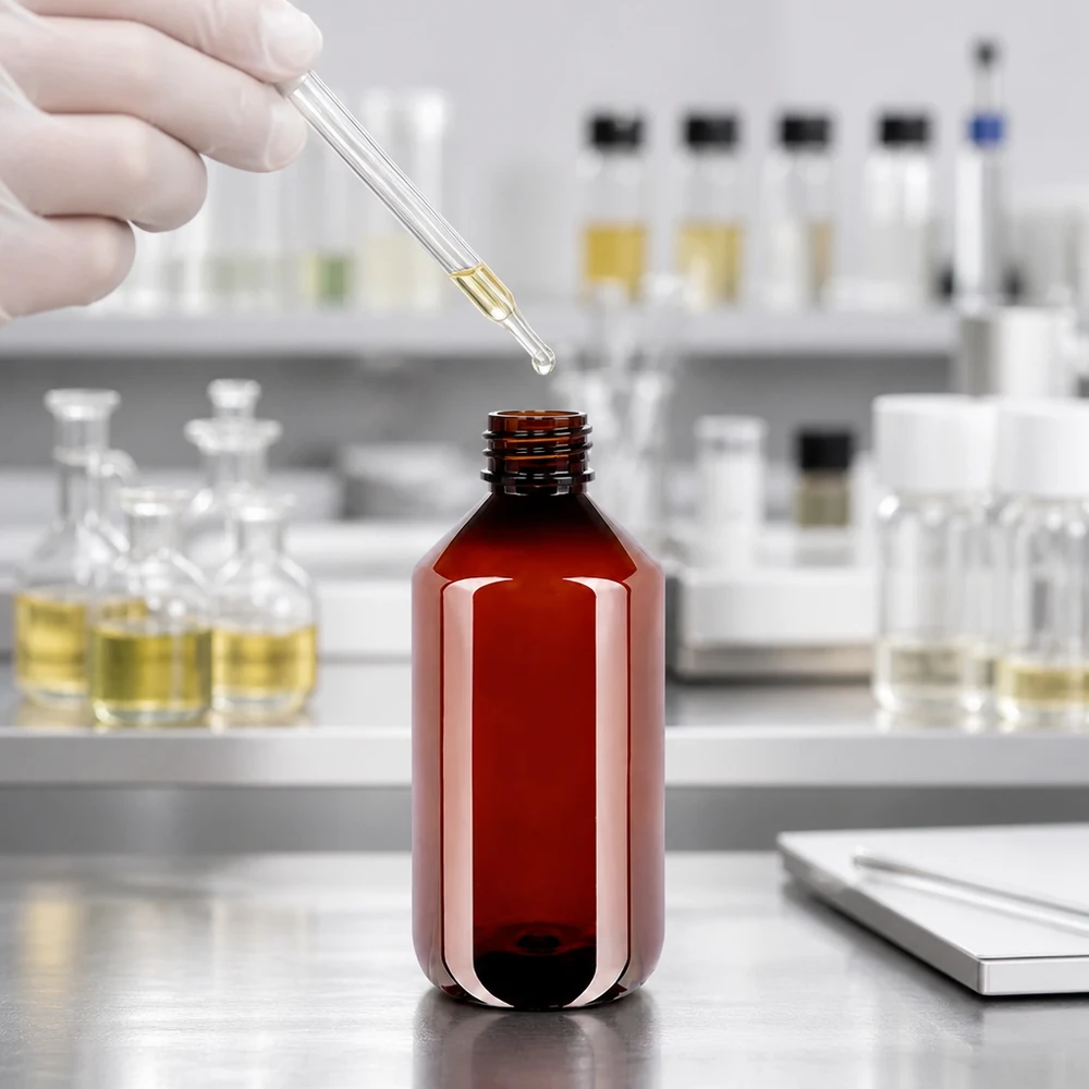 Brązowa butelka PET z ochroną przed światłem o pojemności 500 ml z białym zamknięciem na zatrzask, przeznaczona do przechowywania wrażliwych płynów