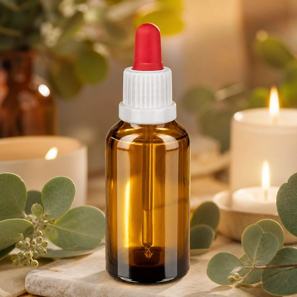 30 ml butelka z pipetą, biała/czerwona OV BrownLine UT18/30 Butelka z pipetą o pojemności 30 ml wykonana z wysokiej jakości bursztynowego szkła z ergonomiczną pipetą z kroplomierzem ułatwiającą obsługę.