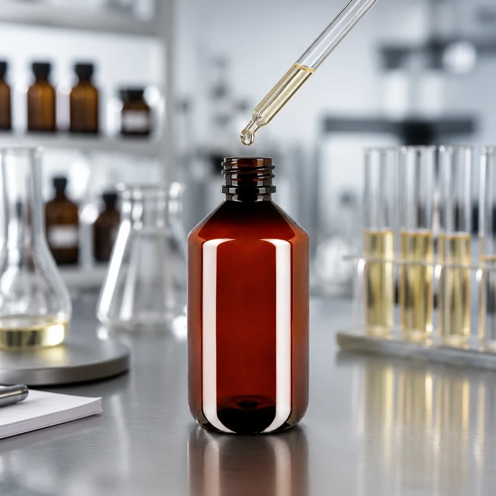 Pusta brązowa butelka PET o pojemności 500 ml z oryginalnym zamknięciem obok kolby Erlenmeyera w laboratorium
