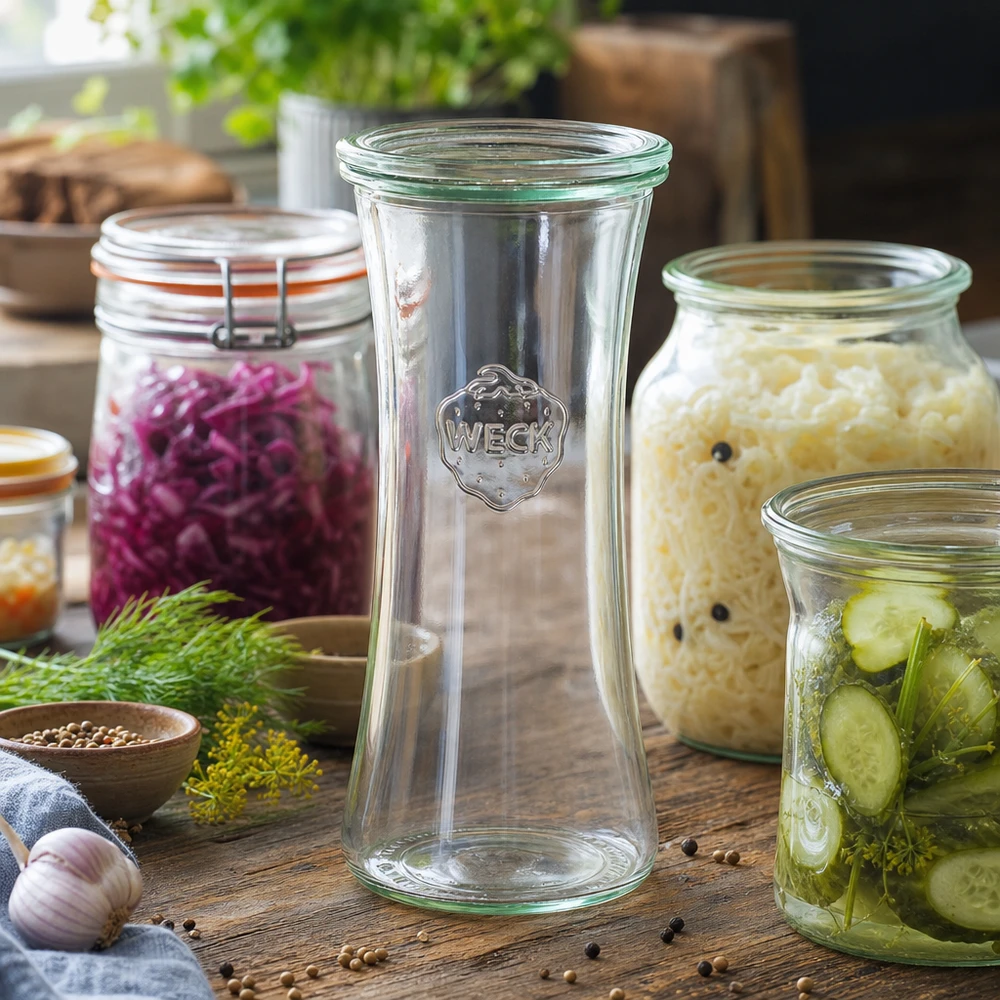 Słoik delikatesowy 700ml ze szklaną pokrywką WECK RR80 WECK Delikatessenglas 700ml RR80 umgeben von selbstgemachten Fermentationsprodukten wie Sauerkraut und eingelegten Gurke