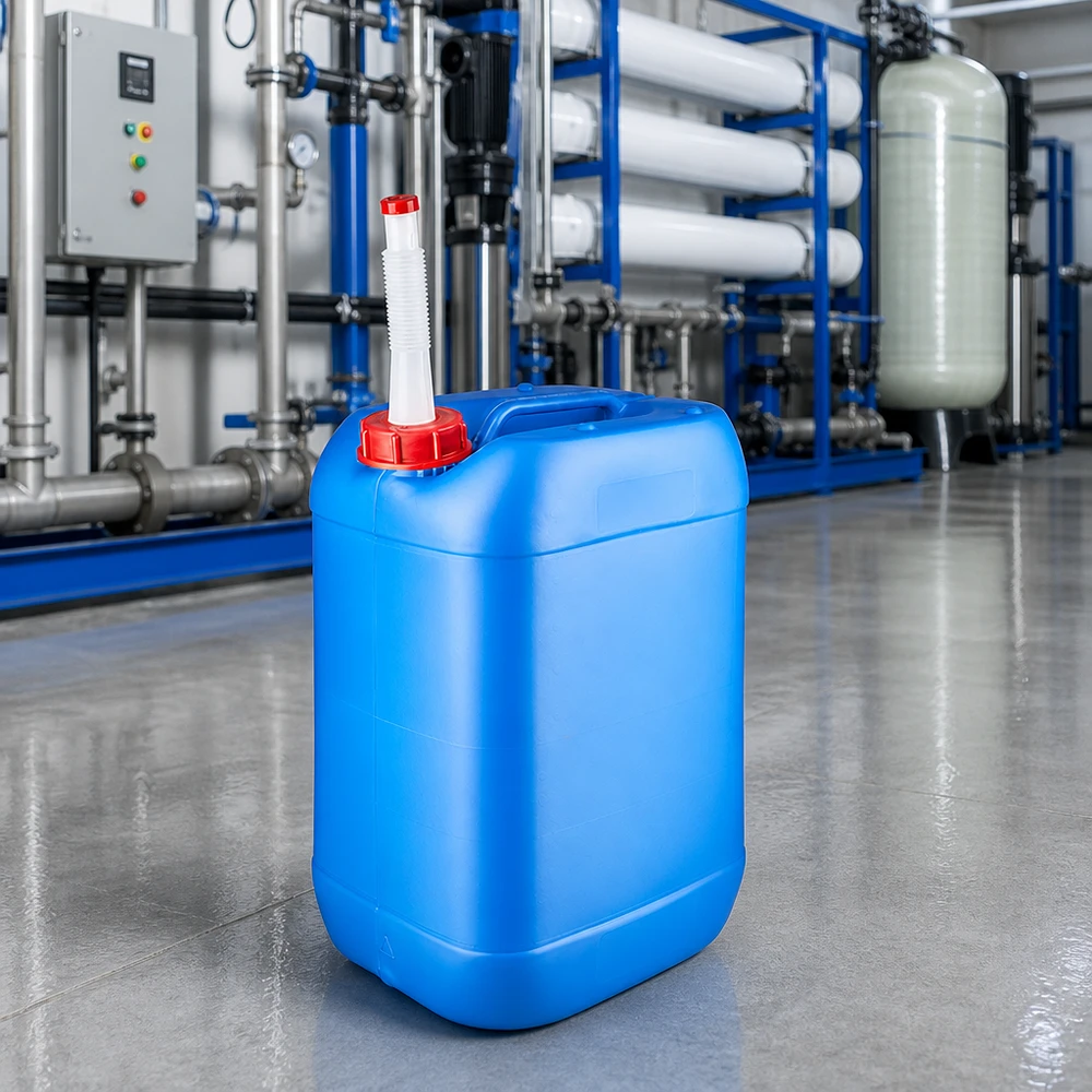 Urządzenie do uzdatniania wody z niebieskim kanistrem o pojemności 25 l i elastyczną rurką wylotową do środków chemicznych