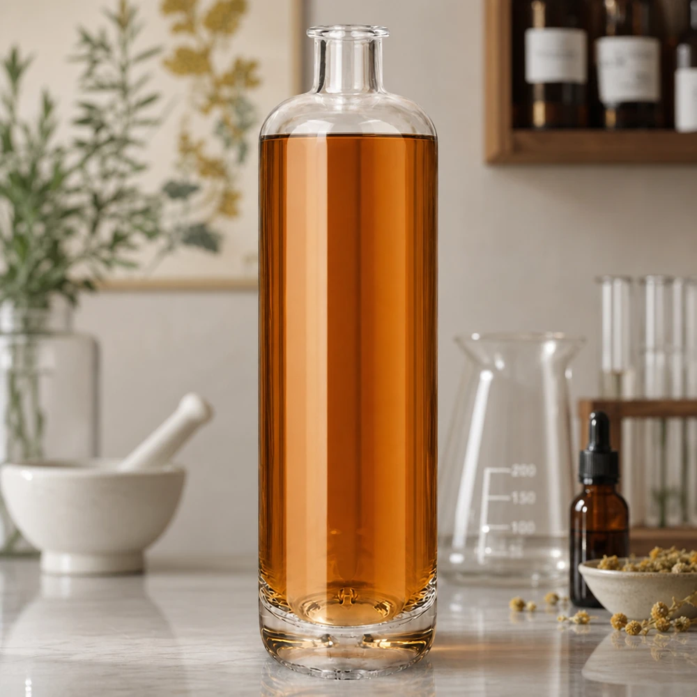 Szklana butelka Ella 700 ml bez zamknięcia UNiTWIST® 700 ml szklana butelka Ella wypełniona bursztynowym płynem pomiędzy szkłem laboratoryjnym a suszonymi ziołami