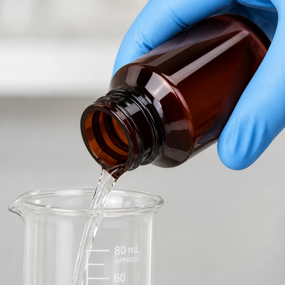 Butelka PET 50 ml z niebieską nakrętką OV Brązowa butelka PET o pojemności 50 ml z niebieską nakrętką podczas nalewania przezroczystego płynu do zlewki laboratoryjnej