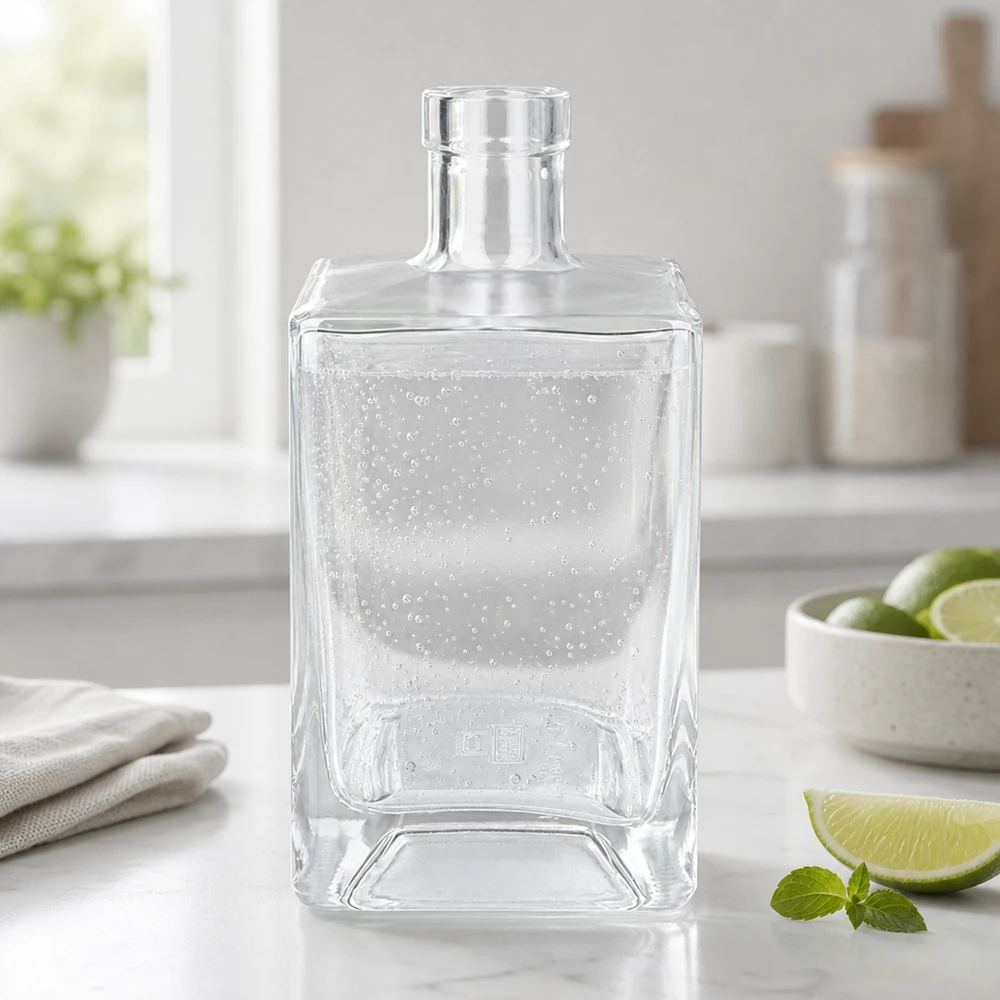 700 ml szklana butelka Ben wypełniona wodą mineralną orzeźwia w nowoczesnych kuchniach wraz z limonkami i miętą