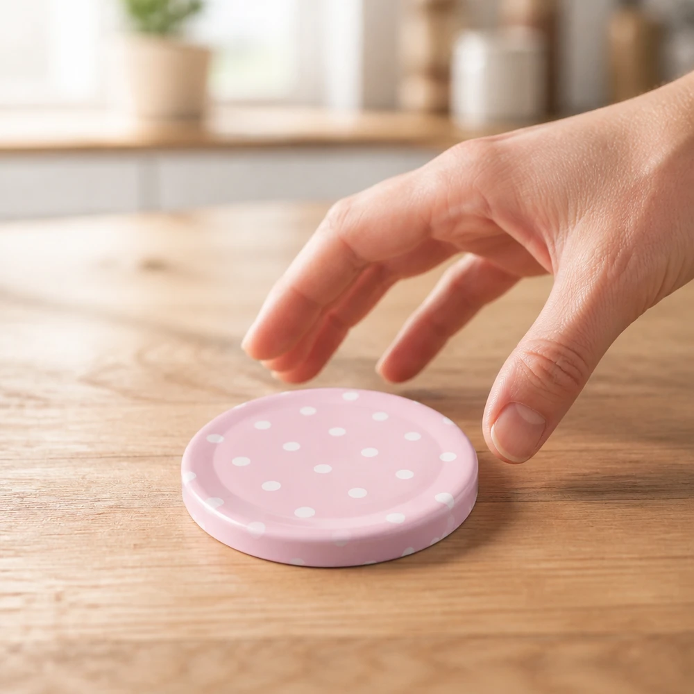58mm BasicSeal Deckel Punkte rosa matt (TO58) UNiTWIST Ręka sięga po różową nakrętkę śrubową o średnicy 58 mm z białymi kropkami na drewnianym stole kuchennym UniTwist