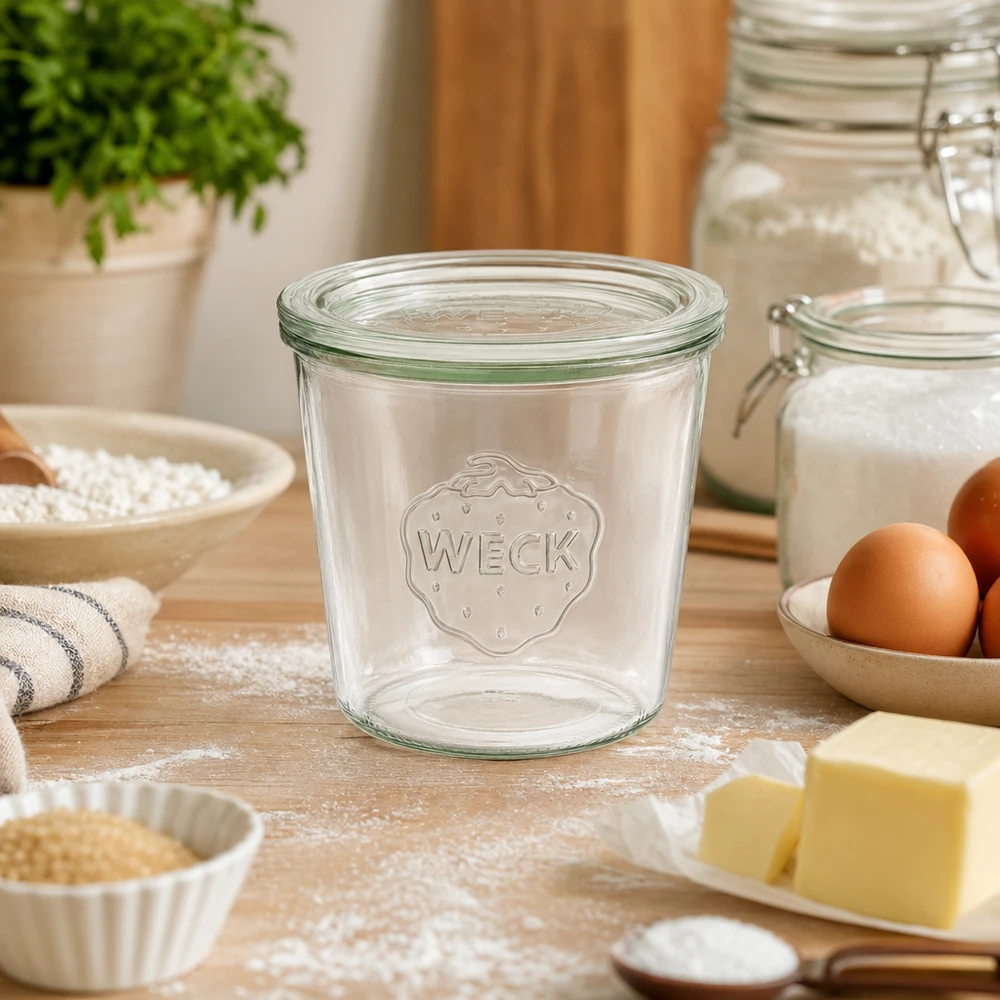WECK 580ml kubki RR100 puste na drewnianym blacie pomiędzy składnikami do pieczenia, takimi jak mąka, jajka i masło w kuchni