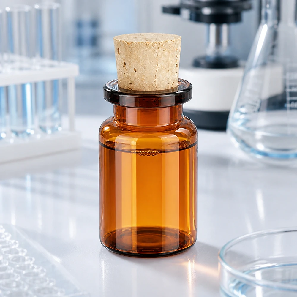 Butelka z bursztynowego szkła 5 ml z korkiem 11/14 mm Kleine Flasche aus dunkelbraunem Glas mit Stopfen für pharmazeutische Anwendungen