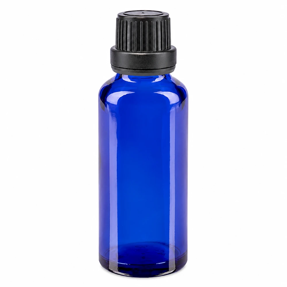 Butelka apteczna niebieska 30ml zakrętka czarna szczelna OV 30 ml niebieska szklana buteleczka apteczna z czarną zakrętką 11 mm do olejków eterycznych