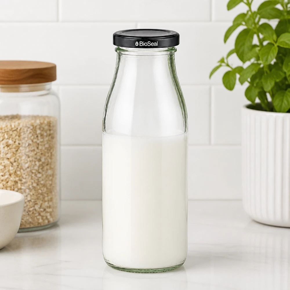 Szklana butelka 500 ml + pokrywka BioSeal czarna UNiTWIST. Całkowicie szczelna z dużą pokrywką TO48. Do mleka, soków i lemoniady. Szklana butelka o pojemności 500 ml wypełniona mlekiem z czarną pokrywką BioSeal na blacie kuchennym obok słoików do przechowywania.
