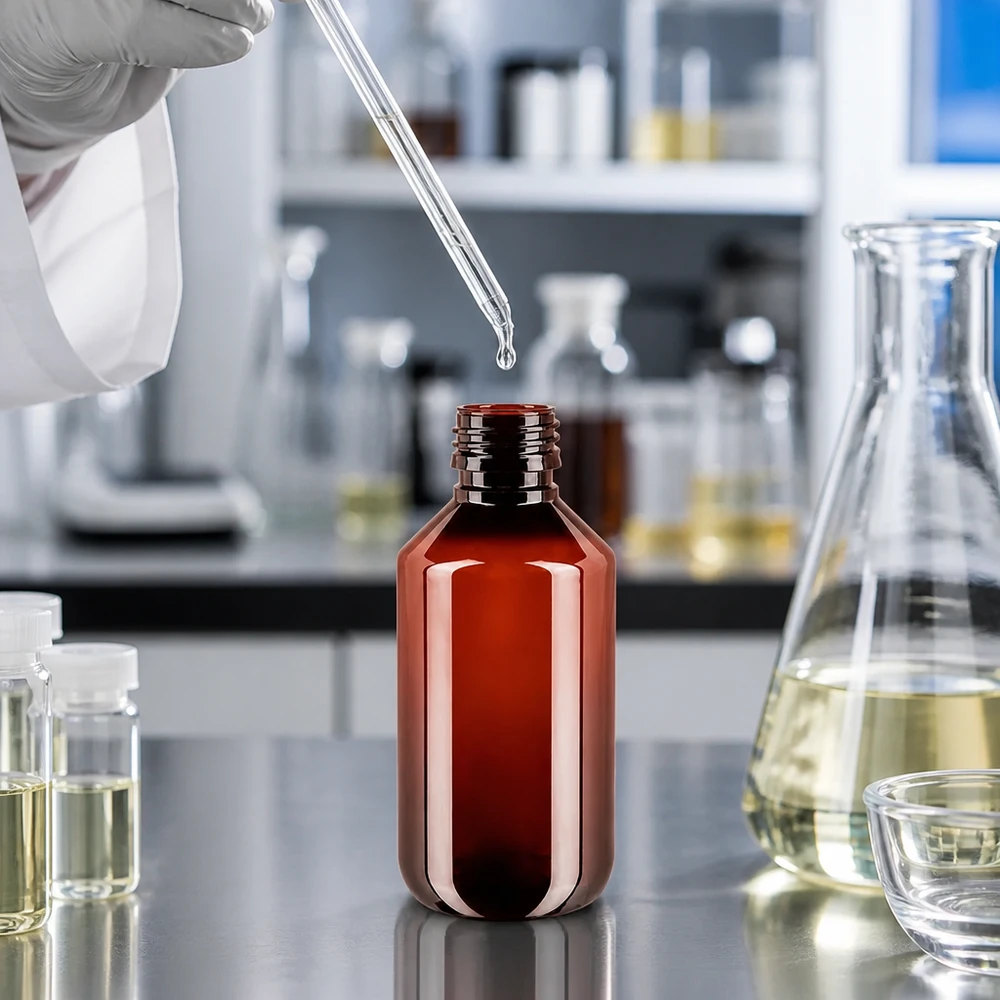Butelka PET 200ml PP28 bez zakrętki Smukła butelka PET o pojemności 200 ml w kolorze bursztynowym z gwintem PP28 w profesjonalnym laboratorium