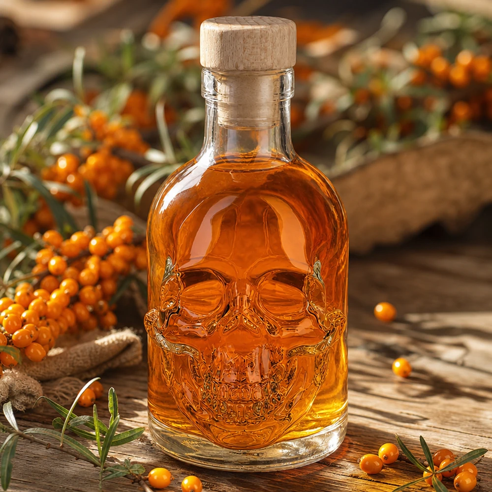 Szklana butelka Jack o pojemności 200 ml w kolorze bursztynu z wytłoczoną czaszką między jagodami rokitnika na rustykalnym drewnianym stole.