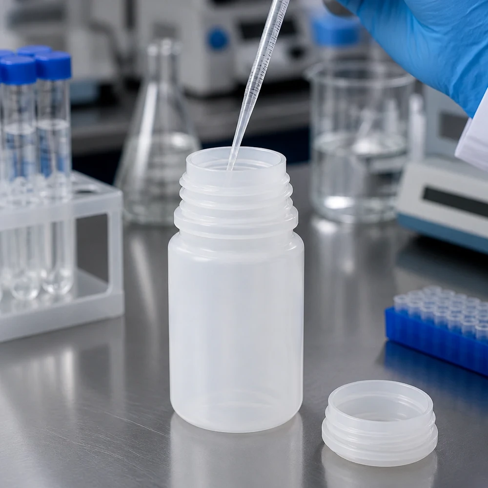 Przezroczysta butelka z szeroką szyjką o pojemności 50 ml, wykonana z tworzywa sztucznego, bez nakrętki, z pipetą podczas napełniania w laboratorium