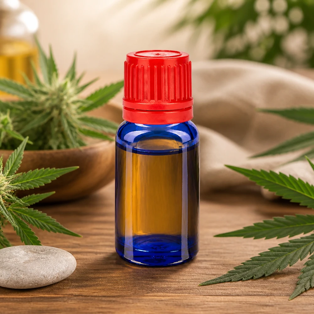 Butelka 10 ml 11 mm SV czerwony OV BlueLine UT18/10 Szklana butelka BlueLine o pojemności 10 ml z czerwoną zakrętką o średnicy 11 mm jest idealna do oleju CBD i naturalnych kosmetyków.
