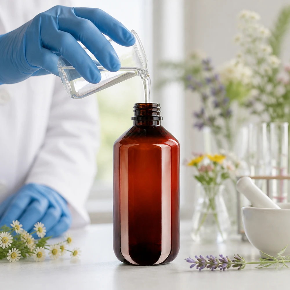 Butelka PET 100 ml z białym karbowanym OV Mała buteleczka apteczna o pojemności 100 ml, brązowa, wykonana z tworzywa PET, z białym, karbowanym zamknięciem zabezpieczającym