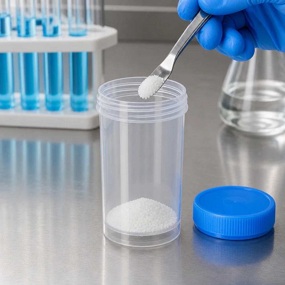 Puszka z szeroką szyjką o pojemności 100 ml, wykonana z przezroczystego tworzywa sztucznego, z niebieską pokrywką, przeznaczona do próbek laboratoryjnych
