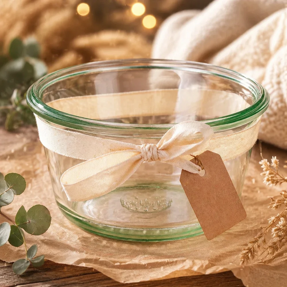 Słoik 290ml dla smakoszy WECK RR100 WECK RR100 290ml Gourmetglas dekorativ mit Schleifenband und Anhänger als Geschenkidee auf natürlich gedecktem Tisch