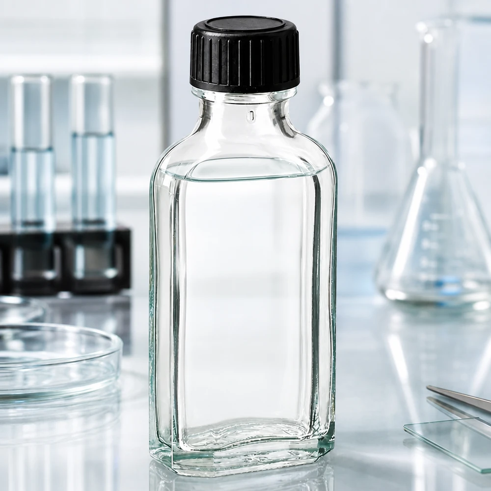 Butelka Meplat o pojemności 50 ml, wykonana z przezroczystego szkła, z karbowaną zakrętką, stosowana w warunkach laboratoryjnych