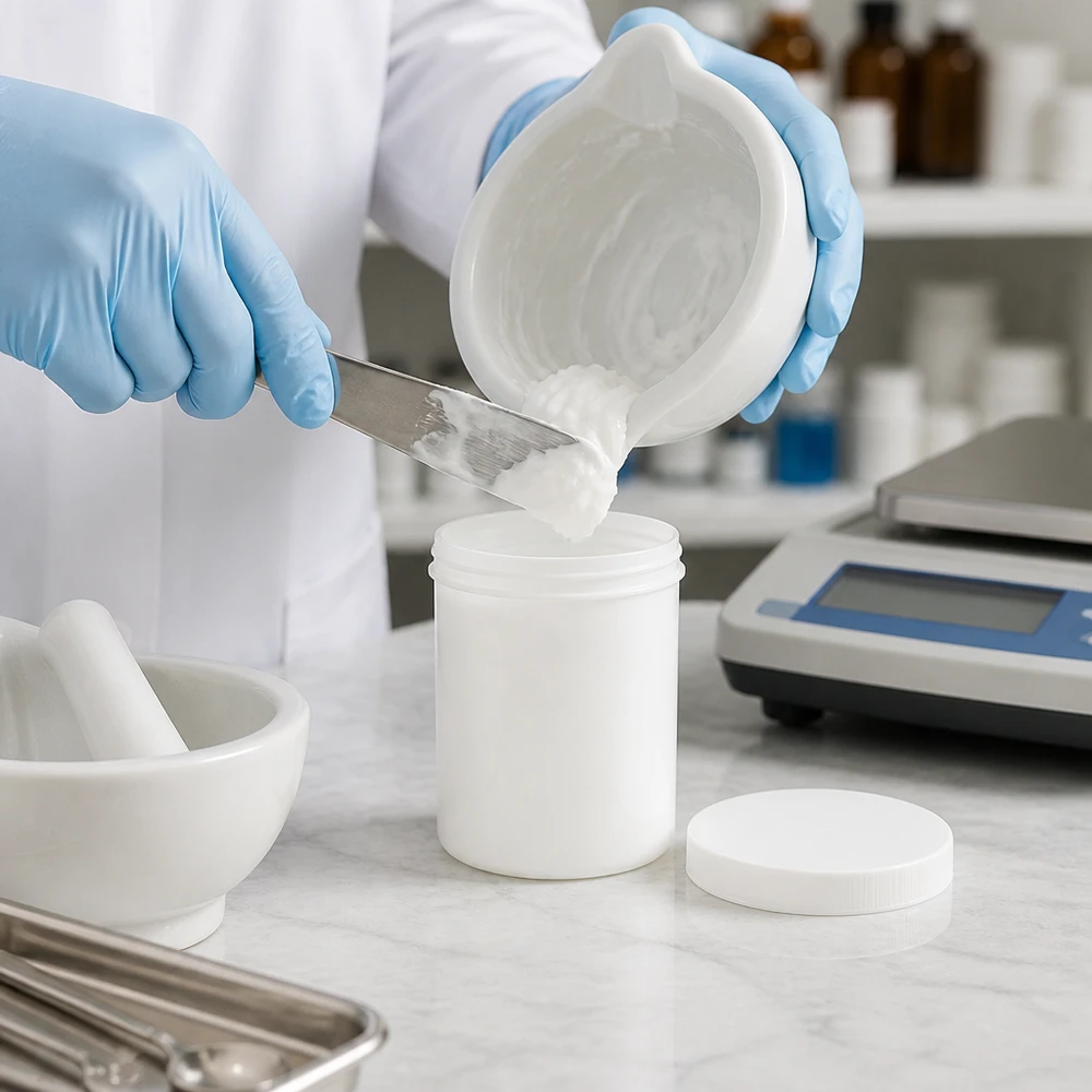 Farmaceuta napełnia w laboratorium w warunkach czystych biały słoik na maści z PP o pojemności 1000 g, wyposażony w zakrętkę i szpatułkę