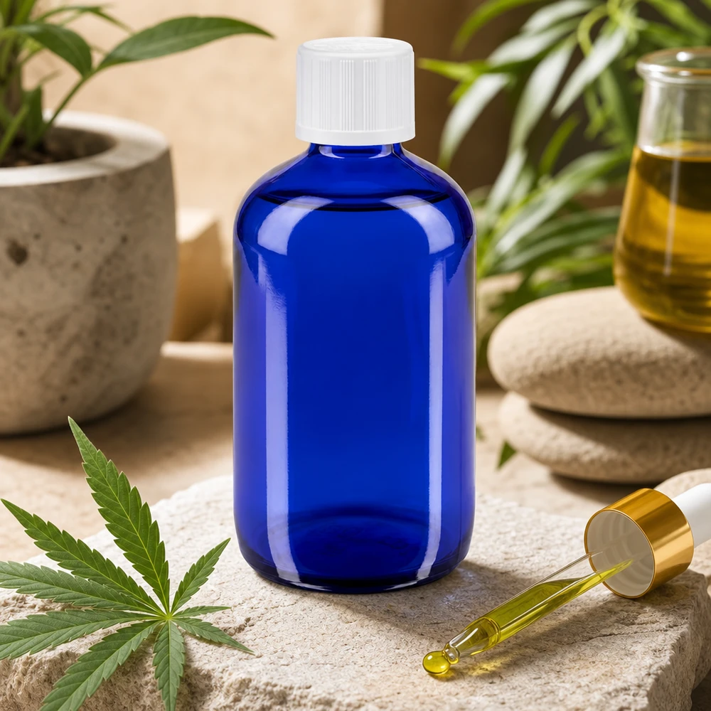Niebieska buteleczka apteczna o pojemności 100 ml z motywem liścia CBD i złotym zakraplaczem do produktów naturalnych