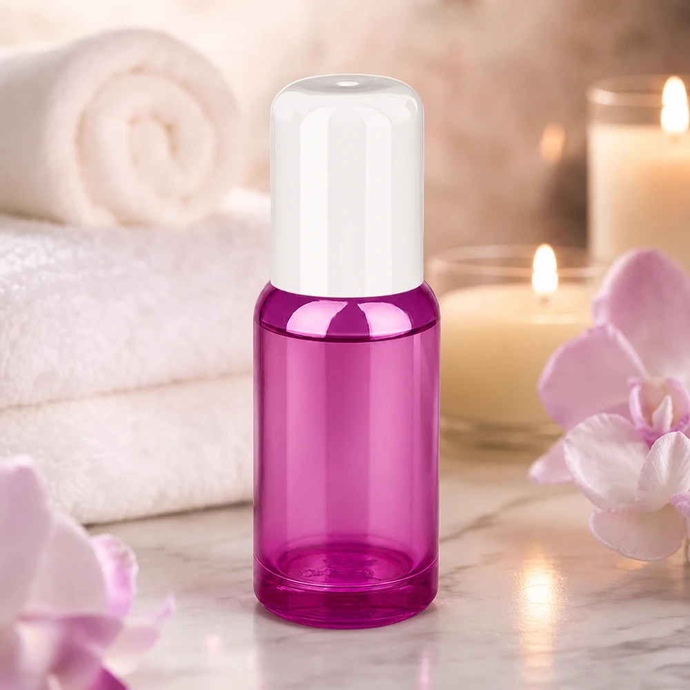 Butelka typu roll-on o pojemności 20 ml wykonana z wysokiej jakości szkła w kolorze przezroczystego fioletu z praktyczną zakrętką