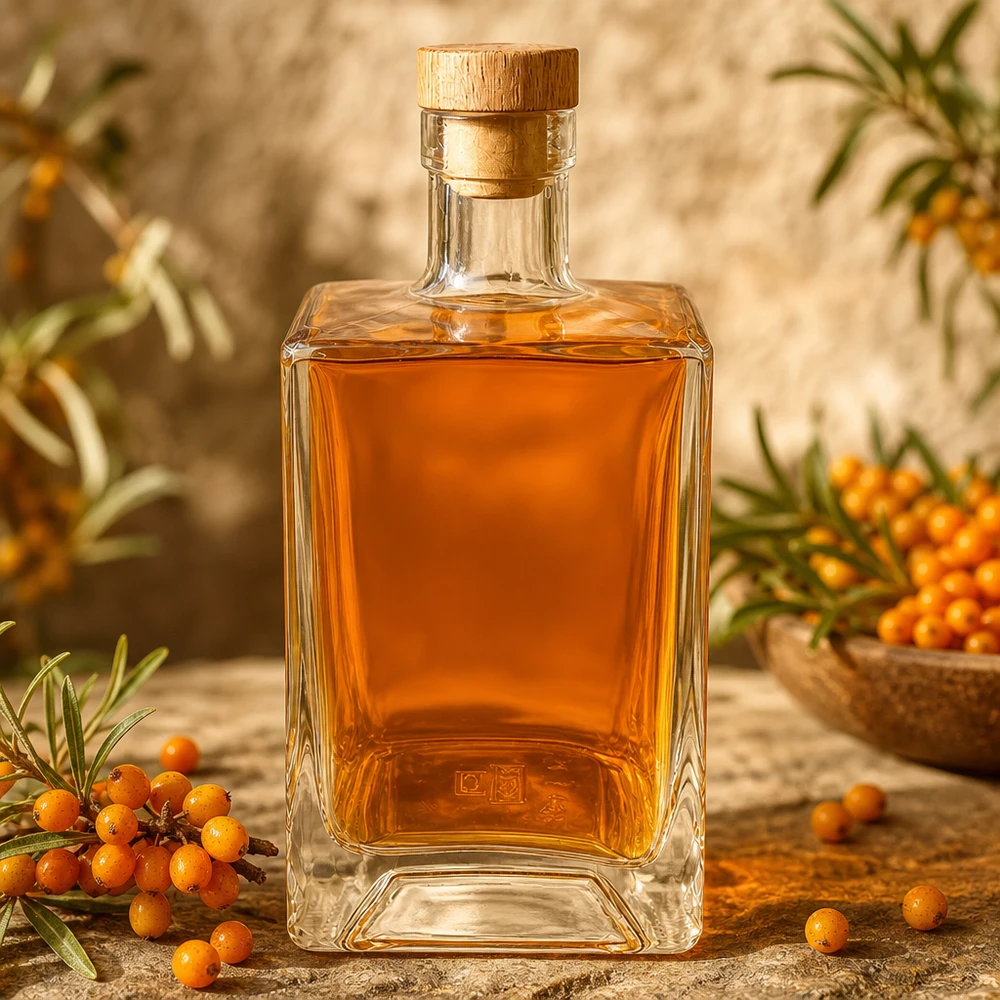 Butelka szklana 700 ml Ben z drewnianym korkiem UNiTWIST® 700 ml szklana butelka Ben wypełniona pomarańczowym likierem z rokitnika między jagodami rokitnika naturalna dekoracja UNiTWIST Ho
